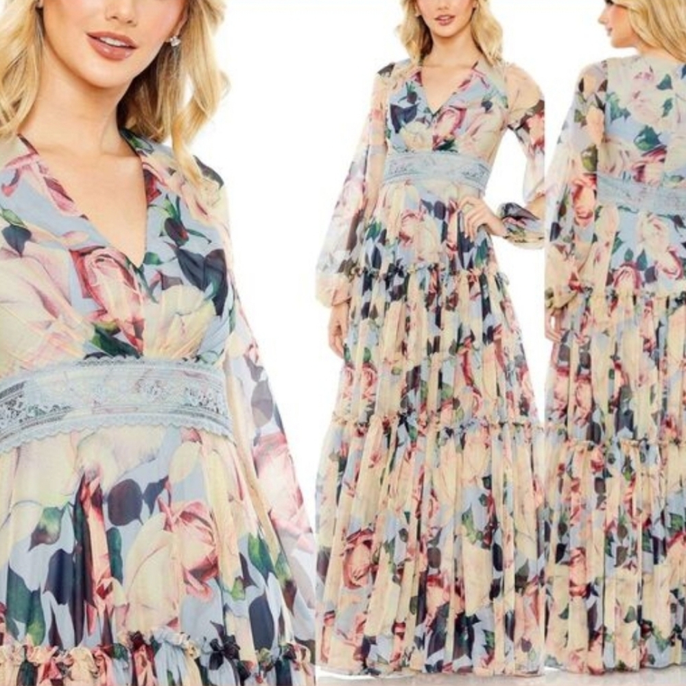 NWT MAC DUGGAL [14 ]11401Floral Puff Sleeve Dress w/Embroidered Waist